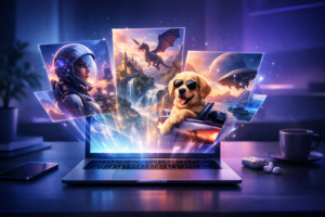 Futuristic illustration of Gemini AI generating vibrant images on a glowing laptop in a modern workspace, 2026.