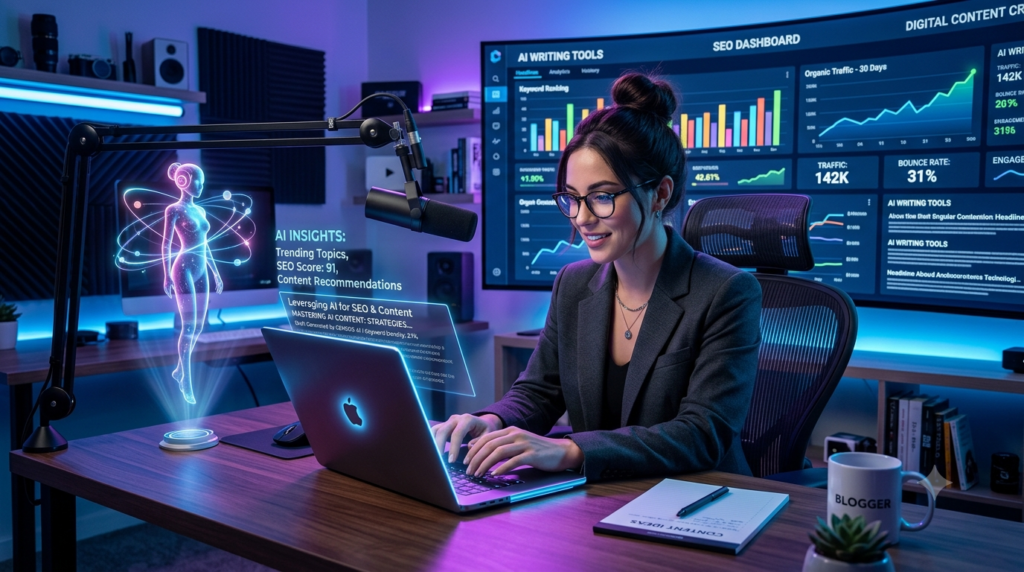 Futuristic AI-powered workspace with a laptop displaying AI-generated content, holographic AI assistant, SEO analytics dashboard, and a professional blogger in a modern blue and purple neon-lit environment.