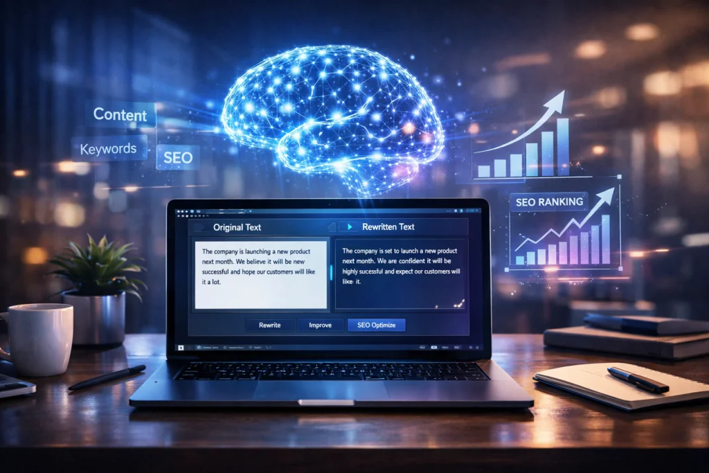 AI-powered Remarker AI interface rewriting text with SEO optimization and neural network visualization