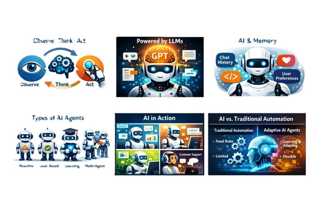 AI agents working through observe think act loop powered by large language models, memory, and automation across real-world business and technology use cases