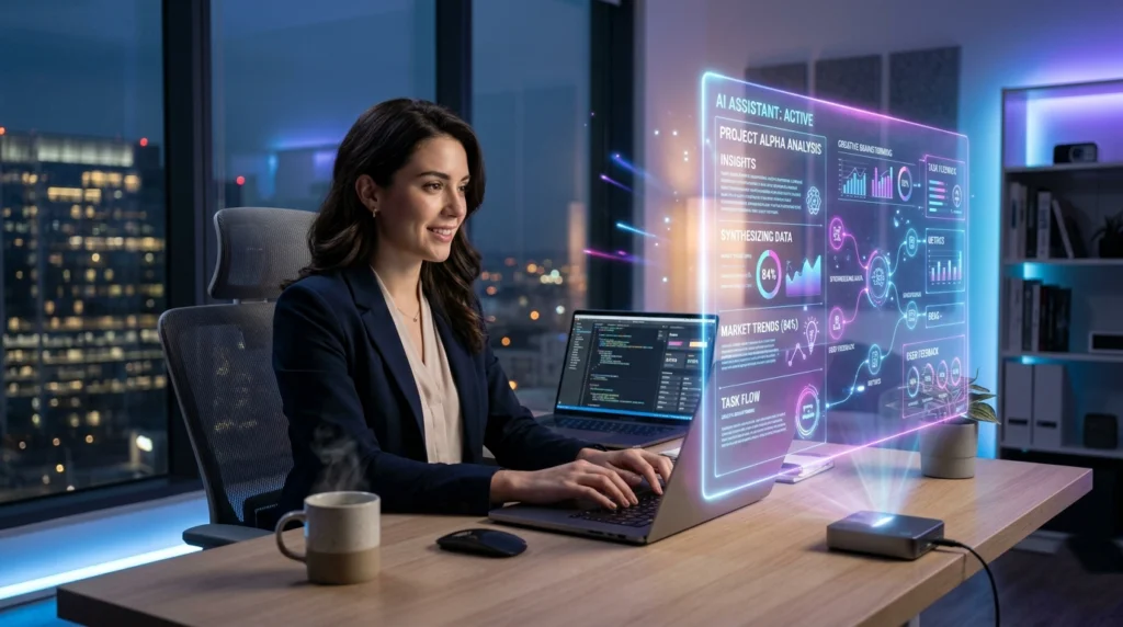 Claude AI assistant helping a professional work on a laptop with a futuristic holographic interface