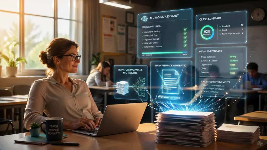 Teacher using AI software on a laptop to automatically grade a stack of student essays in a modern classroom with digital feedback screens